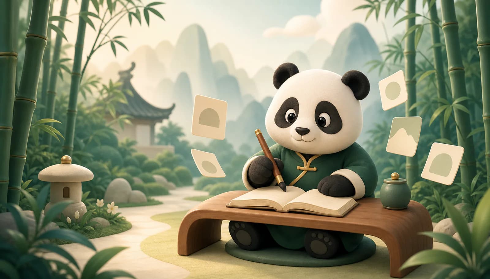A friendly panda learning Chinese in a modern bamboo forest